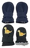N'Ice Caps Baby Toddler Mittens Kids 2 Pairs Fleece Gloves Winter Warm Sherpa Lined (Black Dinos/Navy Solid - Infant No Thumbs, 6-18 Months)
