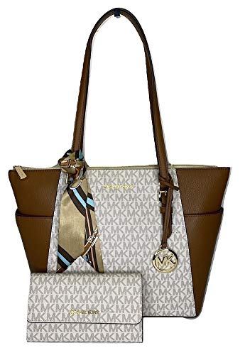 MICHAEL Michael Kors Charlotte Large Zip Tote bundled with matching Trifold Wallet and Skinny Scarf (Signature MK Vanilla)