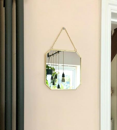 Image of Vintage Wall Mirror with (Brass) Border Wall Hanging Mirror with Chain | Decorative Mirror for Wall Living Room Bedroom & Bathroom Mirror Size - (11 Inches) (Octagonal)