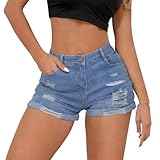 newhsy Women's Jean Hot Pants Cut Off High Waisted Single-Button Ripped Denim Shorts Rolled Cuff (UK, Alpha, M, Regular, Regular) Blue