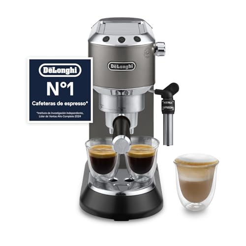 De’Longhi Dedica Style– Perfetto Cafetera Espresso Manual Compacta, Espumador de Leche Manual para Espresso y Cappuccino, Compatible con Monodosis ESE, Panel con Botones, Ancho 15cm, Titanio(EC685.TB)