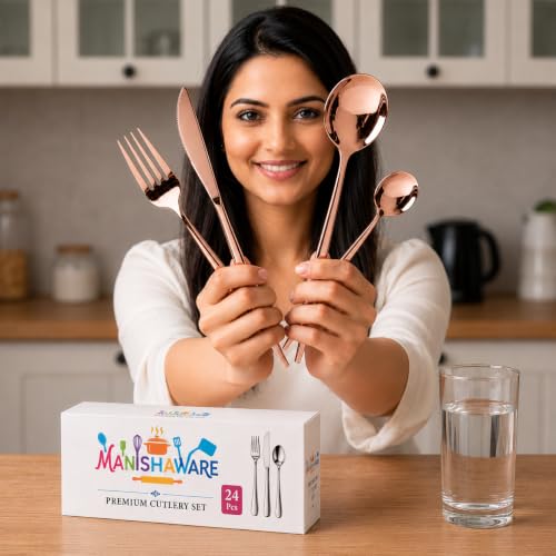 Image of Slim Handle Rose Gold 24 Pcs Stainless Steel Cutlery Set for Dining Table, Dishwasher Safe Glossy Flatware (6 Spoon Set + 6 Forks Set + 6 Butter Knife + 6 Dessert Spoon)