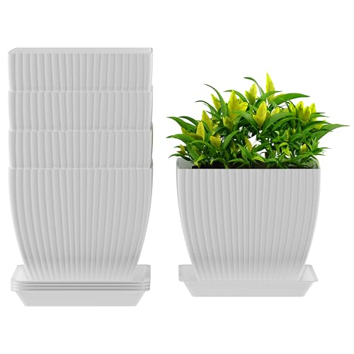Image of ELUVIA 7-inch Square Planters with Saucers (Set of 5) - Modern Fluted Flower Pots with Drainage Holes and Trays - Premium Plastic Indoor Outdoor Plant Pots for Succulents, Flowers (White)