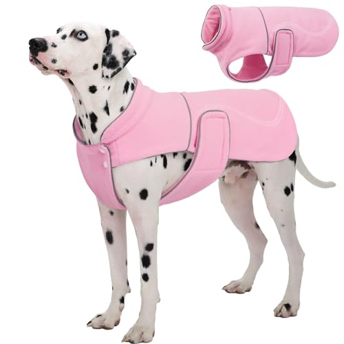 Kuoser Dog Fleece Vest, XXXL Dog Coat Warm Dog Winter Jacket Thick Dog Sweaters for Extra Large Dogs, Reflective Dog Snowsuit Pet Cold Weather Clothing for Great Dane Labrador, Pink 3XL 3X-L
