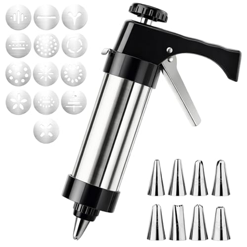 Ebksqs Spritzgebäck Presse Edelstahl, 13 Formen & 8 Tülle – Kekspresse für Weihnachtsbäckerei, Teigspritze für Kekse, Churros & Makronen