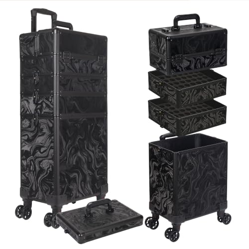 Image of 5 in 1 Rolling Makeup Train Case Professional Cosmetic Trolley Large Storage Organizer on Wheels for Hairstylist Artist Nail Beauty Salon Barber Alipine Black