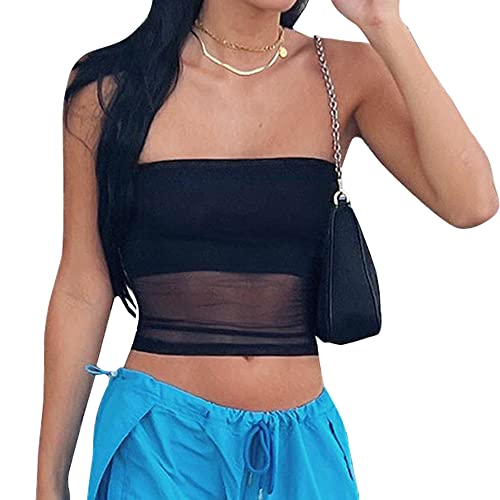 QKEPCY Camiseta Tirantes Mujer Tank Top Camisola Verano Corto Bandeau Transparente sin Mangas Cuello Recto Tops Deportivos Ropa Casual Estilo Moderno