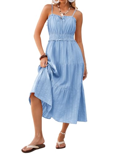 Kate Kasin Women's Summer Sleeveless Spaghettii A Line Dress Square Collar Maxi Sundress Boho Cotton Dress with Pockets for Beach Vacation Light Blue XXL