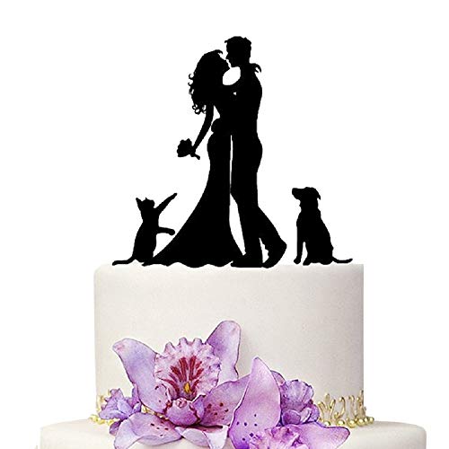 YAMI COCU Hochzeitstortenaufsatz für Braut und Bräutigam mit Katze und Hund, Acryl-Silhouette...