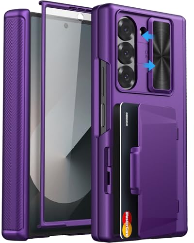 Image of for Samsung Galaxy Z Fold 6 Case with Card Holder & Slide Camera Lens Cover & Hinge Protection & Screen Protector, Multifunctional Durable Rugged Phone Case for Samsung Z Fold 6, Dark Purple