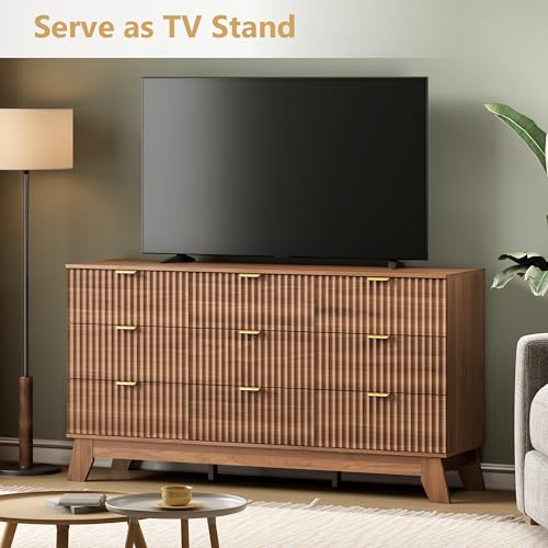 Image of Wodeer 9 Drawer Fluted Dresser for Bedroom, Mid Century Modern Wooden Dresser with 9 Drawers, Dressers & Chests of Drawers with Metal Handle, TV Stand & Storage Organizer for Entryway, Hallway, Walnut