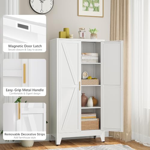 Image of Bevivog 61 inch Tall Metal Storage Cabinet with 2 Doors Farmhouse Tall Bathroom Cabinet Freestanding, White Metal Pantry Cabinets for Kitchen, Laundry Room, Home Office