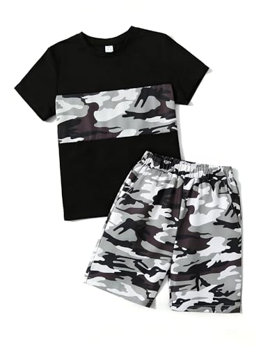 Image of Boys' 2 Piece Summer Outfit Cool Dinosaur & Camouflage Graphic Short Sleeve Tee & Shorts Set Size 4-12
