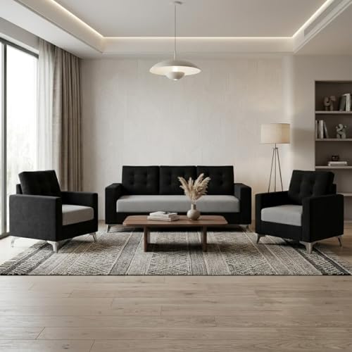 Image of Hakuna Plush Velvet 3 Seater + 1 Seater + 1 Seater Sofa Set | Silken Velvet Upholstery | Golden Legs | Designer Set for Living Room & Office Spaces (Light Gray- Black)