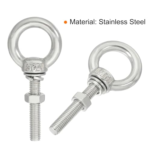 Image of uxcell M5*30 3 /16 inchx1.18 inch Stainless Steel Eye Bolts Threaded Screw Eyebolt Shoulder Ring with Nuts Washers for Lifting Hanging, 4 Set