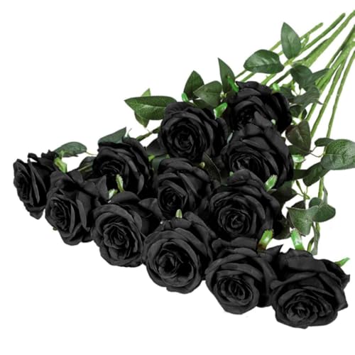 10 Pcs Artificial Roses, Black Fake Roses Artificial Flowers, with Stems Fake Artificial Black Roses Silk Flowers