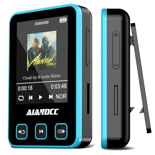 MP3 Player Bluetooth 5.3 mit Sport Clip und Sportarmband, mp3-player mit 1,77 Zoll TFT Farbbildschirm, Mp3 Player mit Kopfhörer, Unterstützt bis 128GB SD Karte，Blau