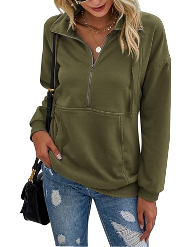 Image of PRETTYGARDEN Women's Casual Long Sleeve Zipper Sweatshirt Drawstring Loose Quarter Zip Pullover Tops with Pockets