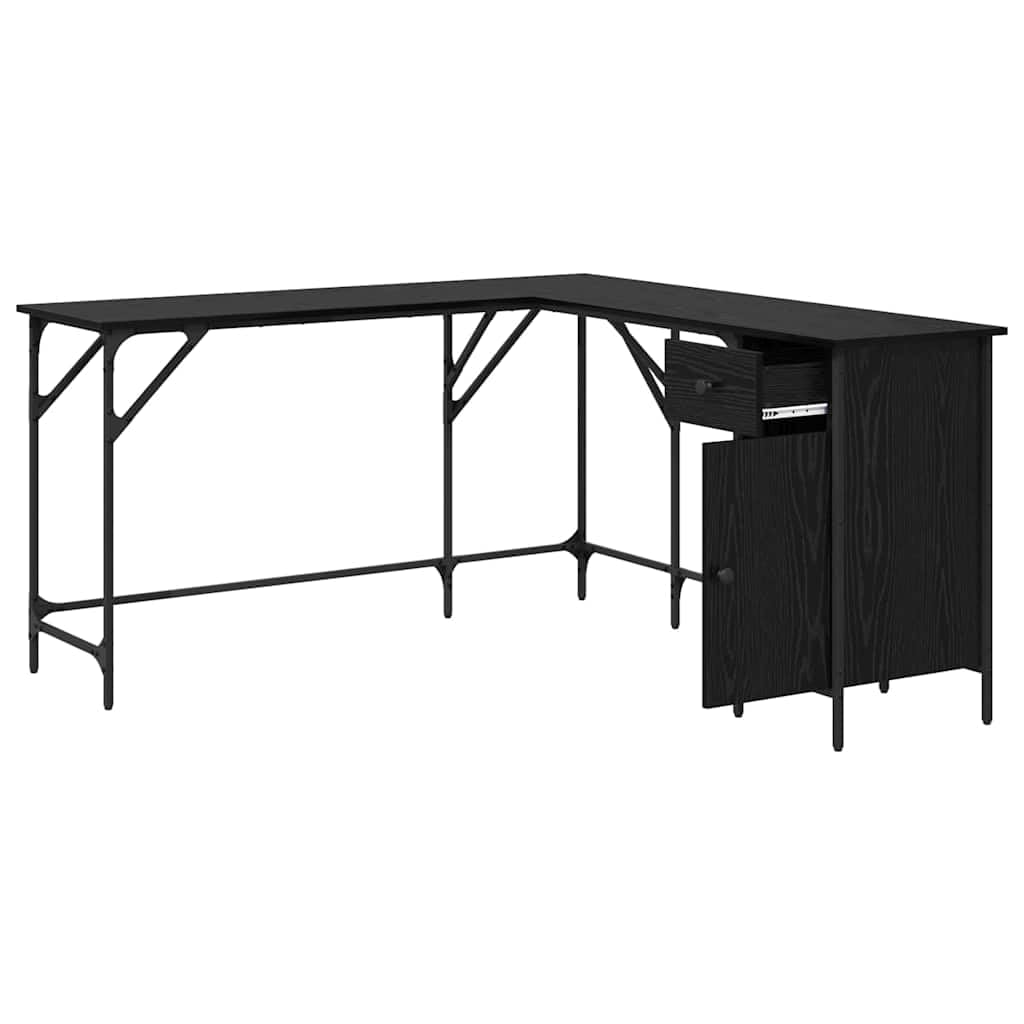 Regulowane biurko narożne o wyglądzie czarnego dębu 141 x 141 x 75 cm z regałem, materiał drewnopochodny, duże miejsce pracy na laptopa, do biura, biura