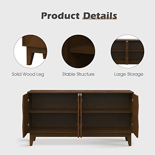 Hulala Home Modern Sideboard Buffet Cabinet With Solid Wood Legs, 60" Kitchen Storage Cabinet Credenza With 4 Doors And 2 Interior Shelves, Accent Console Table For Dining Room And Living Room, Walnut #TOP3