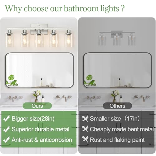 Image of MOKATNG 5-Light Bathroom Light Fixtures, Vanity Light with Clear Glass Shades, Brushed Nickel Bathroom Light Fixtures Over Mirror, Modern Bathroom Wall Lamp for Mirror Living Room Cabinet Bedroom