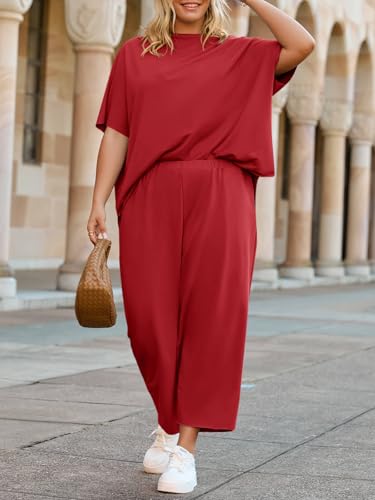Image of Beautife Women's Plus Size 2 Piece Outfits 3 /4 Batwing Sleeve Capelet Crew Neck Pullover Top Wide Leg Pants Lounge Set