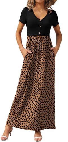 Image of GRECERELLE Womens Summer Long Maxi Dresses 2026 Short Sleeve V Neck Casual Button Dress with Pockets