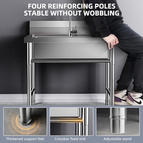 Stainless Steel Kitchen Sink Portable Outdoor Laundry & Utilit Single Bowl Freestanding Utility Commercial Garage Sinks (20 Inch)