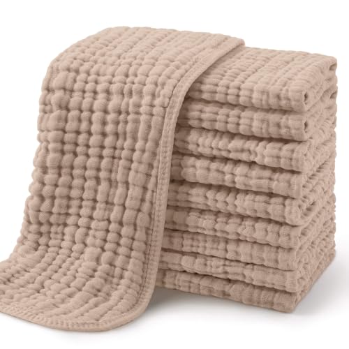 Image of Yoofoss Muslin Burp Cloths for Baby 10 Pack 100% Organic Cotton Baby Washcloths for Boys Girls Large 20''X10'' Super Soft and Absorbent Brown