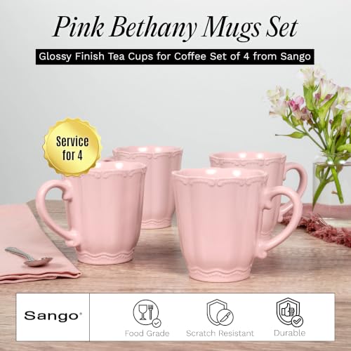 Image of SANGO Bethany Pink Mugs Set of 4, 15 oz Stoneware Pink Coffee Mugs, Vibrant Ceramic Drinkware for Coffee, Tea or Cocoa, Durable Everyday Cups, Dishwasher & Microwave Safe, Kitchen Mug Set