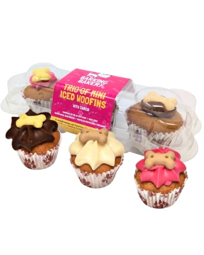 The Barking Bakery Mini Trio Woofins Dog Birthday Cupcake Cake Treats with Vanilla Carob and Pink Icing (1 Pack)