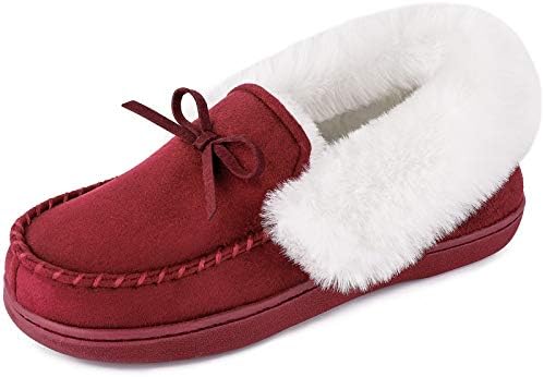 Women's Faux Fur Lined Suede Moccasin Memory Foam House Slippers, Fuzzy Warm Indoor Outdoor Bedroom Shoes