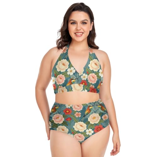 Maillot de bain grande taille à motif fleurs et oiseaux pour femme ronde