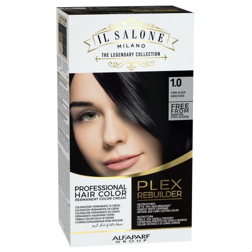 Il Salone Milano Plex Rebuilder Permanent Hair Color Cream - 1.0 Pure Black Hair Dye Kit - Professional Salon - Premium Quality - Protects And Restructures - Paraffin, Paraben, Ethyl Alcohol Free #TOP10