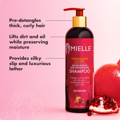 Mielle Organics Pomegranate & Honey Detangling & Moisturizing Shampoo - Curly Hair Shampoo for Women - Enriched with Honey & Babassu Oil to Lift Dirt, Loosen Tangles & Retain Moisture (12 Fl Oz)