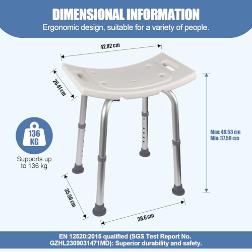 Ez2care Non-Slip Shower Stool – Adjustable Lightweight Rust-Free Aluminium Bath Chair for Elderly, Disabled, Pregnancy, Post Surgery, 37.5 to 49.5 cm (14.8 to 19.5 inch) - 4