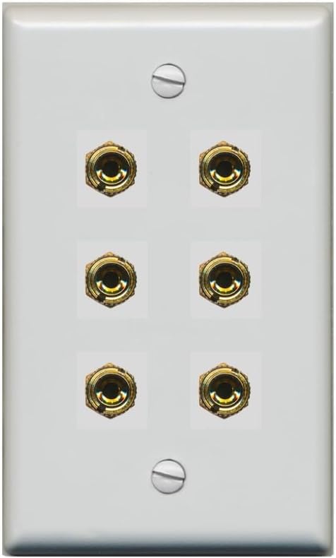 RiteAV 6 Banana 3 Speaker Surround Female Coupler Binding Post Wall Plate - Flat Style [Stainless Steel]