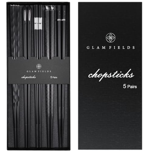 GLAMFIELDS 5 Pairs Premium Chopsticks Reusable Dishwasher Safe 9.5 Inch Fiberglass Chop Sticks Gift Set Non Slip Black + Silver