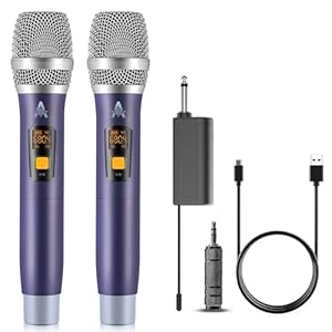 Wireless Microphone, UHF Metal Dual Handheld Cordless Dynamic Mic System with Rechargeable Receiver(40H Duration,200 ft Range) for Singing, Karaoke, Church, Speech, Wedding, Party Singing
