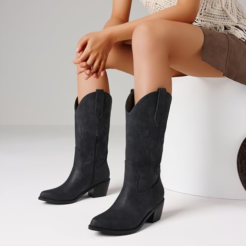 Image of AOSPHIRAYLIAN Cowboy Boots for Women Retro Pointed Toe Pull On Block Chunky Heel Glitter Sparkly Metallic Embroidecamel Country Concert Outfits Calf Western Cowgirl Boots