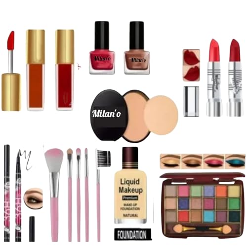 Milan’o di beauty Makeup Kit Combo Set For Womens & Girls | Eyeshadow, Compact, Foundation, 2 liquid lipstick, 2 pcs Nail Paint, Brush Liner | Ideal Gift for Bride & Makeup Lovers