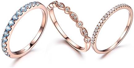 3pcs Natural Swiss Blue Round Topaz Wedding Ring Set 14k Rose Gold Diamond Antique Stacking Band Half