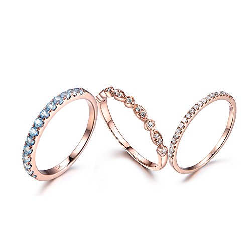 3Pcs Natural Swiss Blue Round Topaz Wedding Ring Set 14K Rose Gold Diamond Antique Stacking Band Half #TOP27