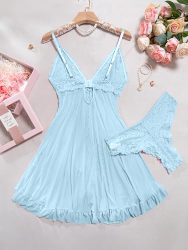 Image of Foxiny Sexy Ruffle Sheer Mesh Lace Wireless Babydoll Lingerie Dress with Thong 2 Piece