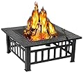 ZENY 32’’ Outdoor Fire Pits BBQ Square Firepit Table Backyard Patio Garden Fire Bowl Stove Wood Burning Firepit Fireplace with Spark Screen Cover,Poker,Cover,Grill for Campfire Bonfire