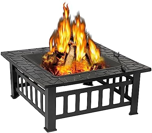 Amazon.com : Outdoor Fire Pit 32 inch Square Metal Firepit for Patio Wood Burning  Fireplace Garden Stove with Charcoal Rack, Poker u0026 Mesh Cover for Camping  Picnic Bonfire Backyard : Patio, Lawn