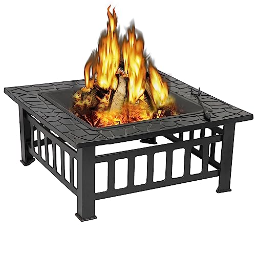 ZENY 32in Outdoor Fire Pits Outside Wood Burning Firepit Square Metal Fireplace Table Fire Bowl with Grill,Screen and Poker for Camping Bonfire Backyard BBQ