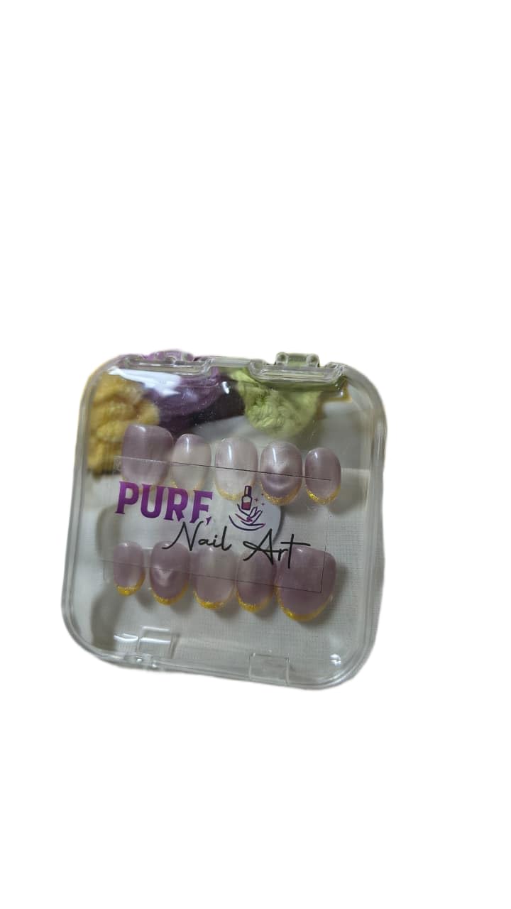 Press on Nails for Women, ABS Plastic, Lilac Pearl with Gold French Tip Artificial Fake Nails, Glossy Full Cover Nail Set, 1 Set (10 Pieces)-image-16
