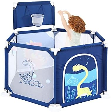 Baby Playpen with Basketball Hoop 6-Panel Portable Sturdy Safety Play Yard Kids Large Activity Center Playpen with Breathable Mesh Anti-Slip Base for Baby Toddlers Infant Indoor Outdoor