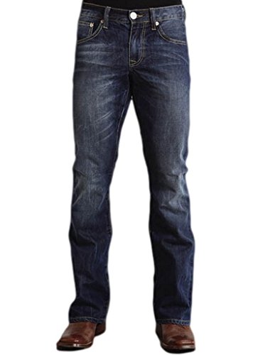 Stetson Men's Rocker Fit with Lower Rise and Slightly Fitted Thigh Jean,Dark Stone Wash with Small Stitch X Back Pocket Embroidery, 35x36